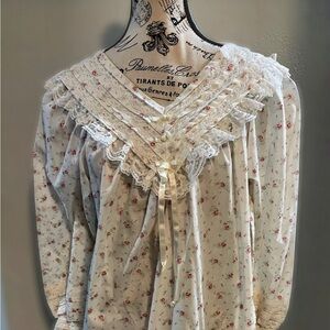 Vintage Gilligan & O'Malley Cream Nightgown with Pink Rose Print and Lace Yoke
